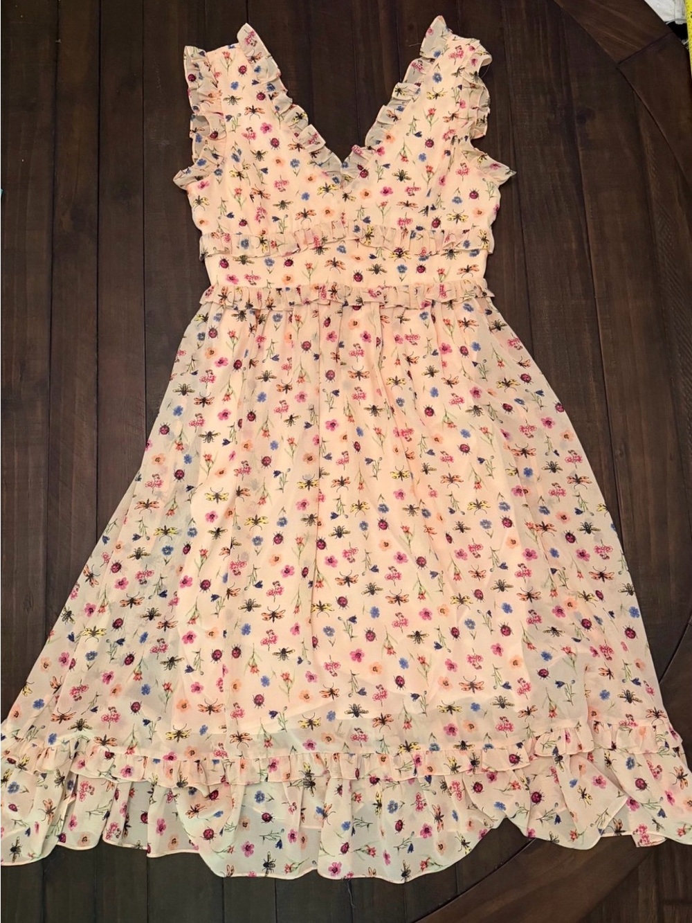 Betty Johnson Peach Floral Ruffle Dress with bugs and flowers.